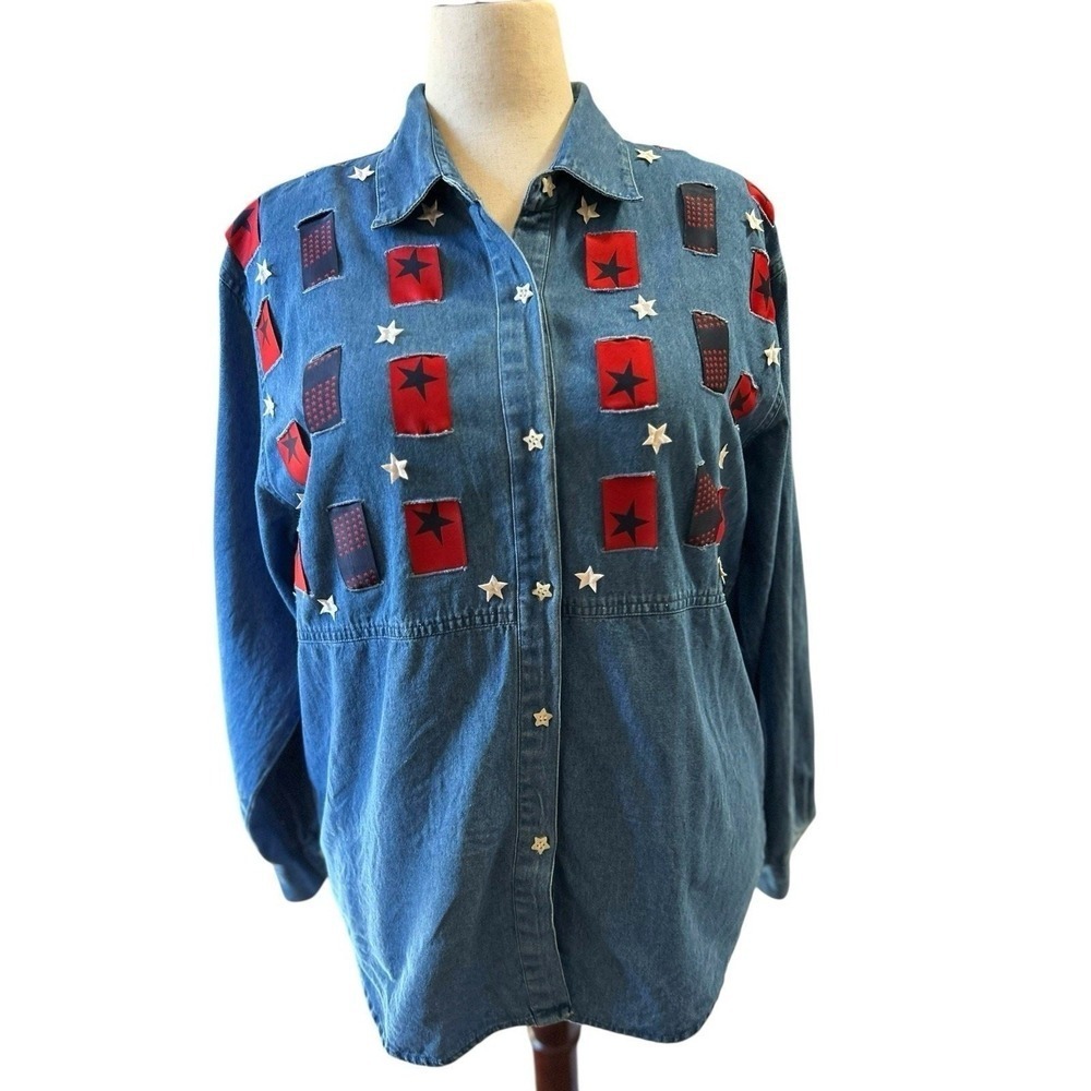 Vtg Denim Stars Stripes Shirt Top Size XL Button Up Primitive Patriotic Country - Picture 2 of 7